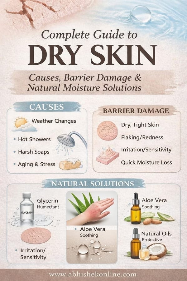 Infographic explaining dry skin causes, skin barrier damage, and natural moisture solutions like glycerin and aloe vera